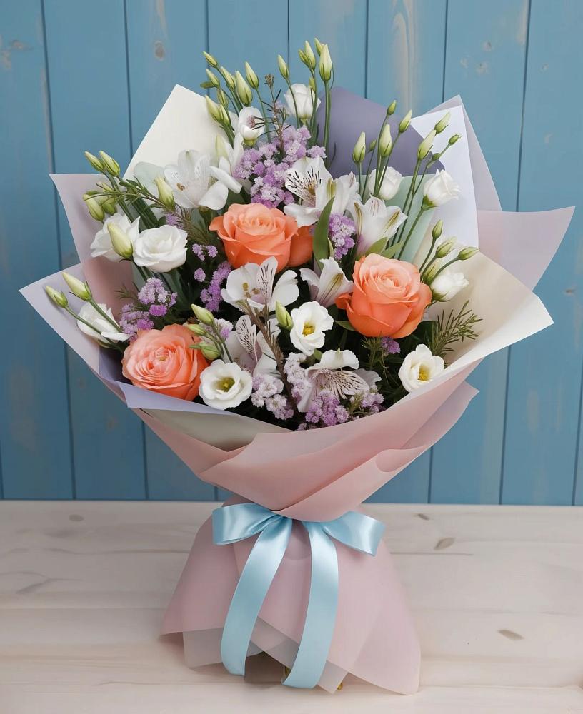 Букет цветов из: Лизиантусы, Розы, Альстромерии и Гипсофила в Нижнедевицком