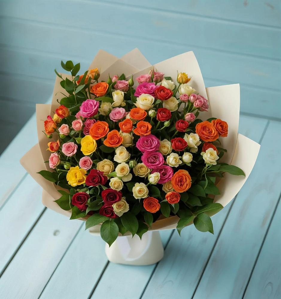 Букет Микс из разноцветных кустовых роз в Нижнедевицком