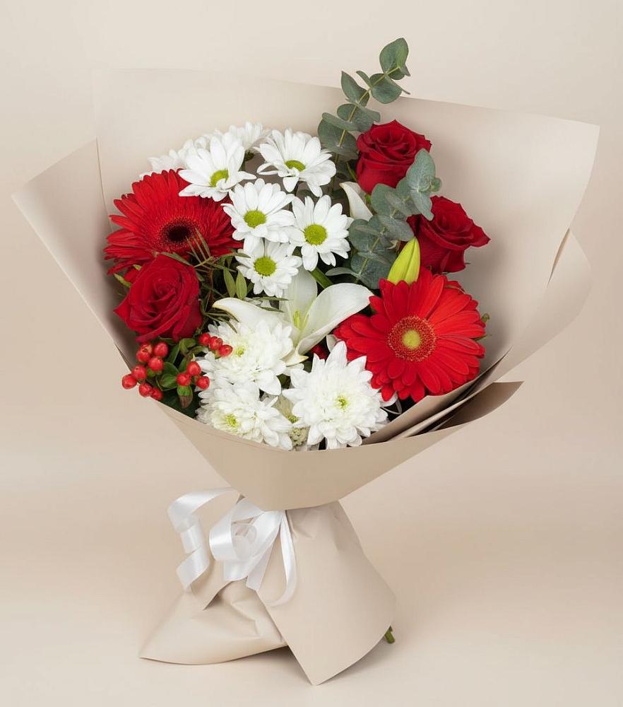 Букет цветов из: Розы, Хризантемы, Герберы и Лилии в Нижнедевицком